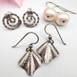 Silver Earring Lot Three Pair Spiral Drop Pearl Dangle Hammered Brutalist Tested